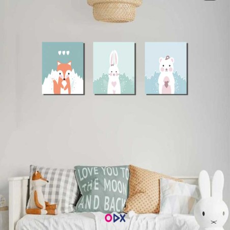 3 Tableaux en toile décoration chambre enfant - Rabbit Fox Bear