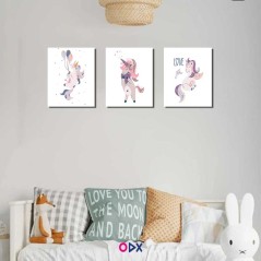 3 Tableaux en toile décoration chambre enfant - Unicorn