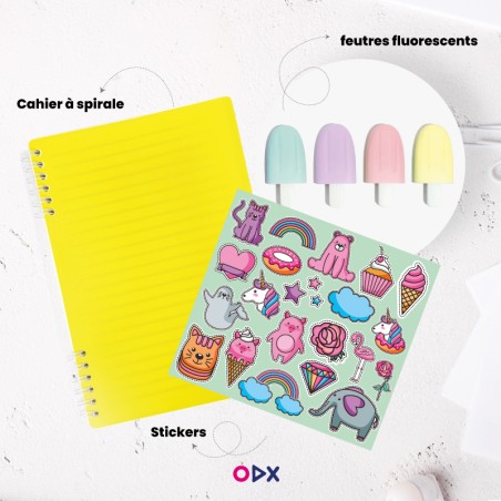 Pack Créatif - Autocollants + Feutres fluorescents + Cahier à Spirale