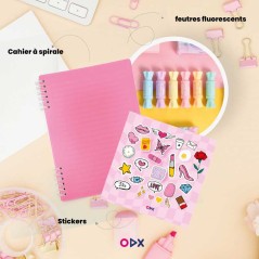 Pack Créatif - Autocollants + Feutres fluorescents + Cahier à Spirale