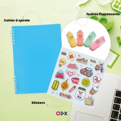 Pack Créatif - Autocollants + Feutres fluorescents + Cahier à Spirale