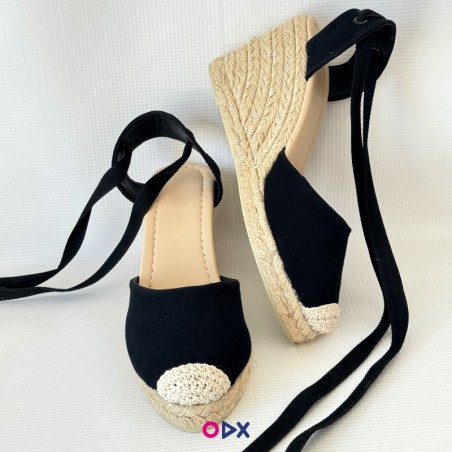 Sandale femme noir en jute halfa - Semelle compensée