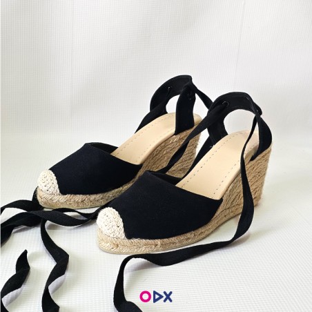 Sandale femme noir en jute halfa - Semelle compensée