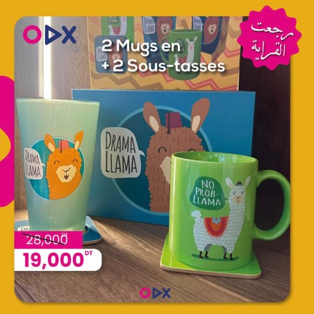 2 Mugs en céramique + 2 Sous-tasses assortie - Llama life