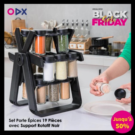 Set Porte Épices 19 Pièces avec Support Rotatif Noir