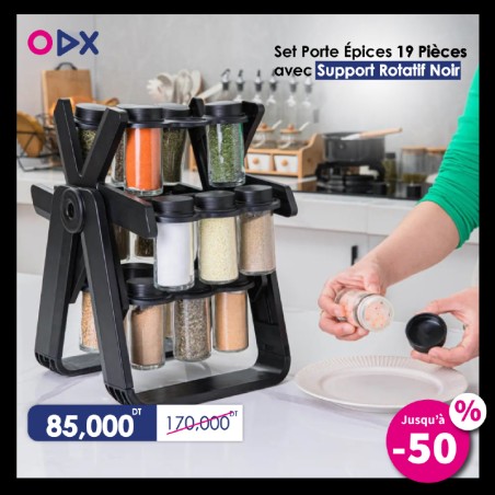 Set Porte Épices 19 Pièces avec Support Rotatif Noir