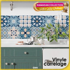 Stickers carrelage cuisine - Baroque bleu et jaune