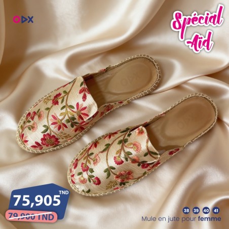 Mule en jute pour femme - Halfa doré avec broderie